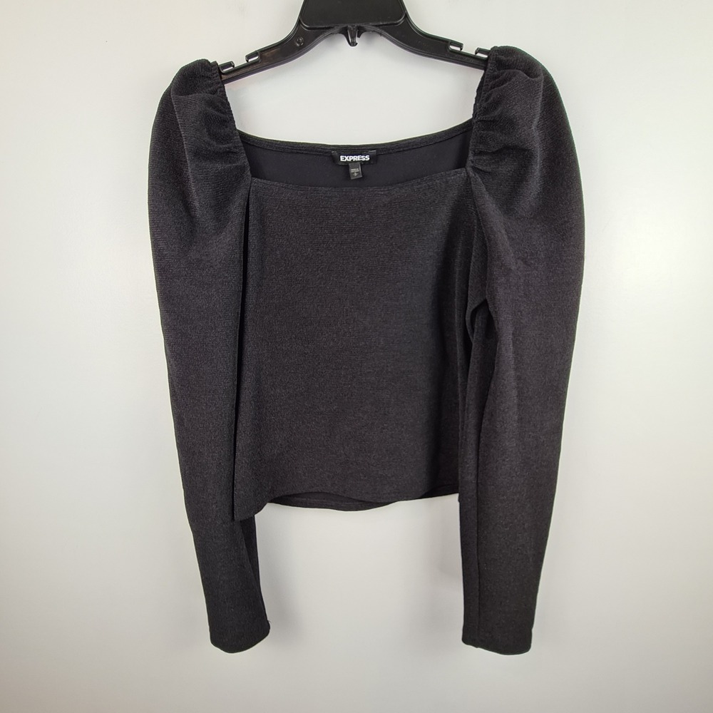 Express Womens Black Puff Sleeve Square Neck Ribbed Knit Top Small Coquette